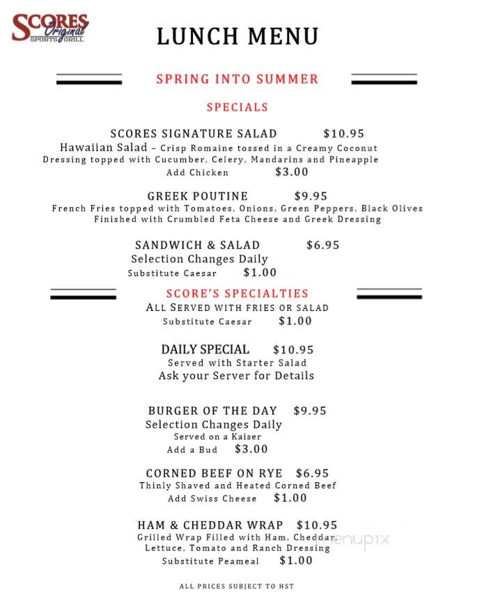 The Score Bar Grill - London, ON menu_pic