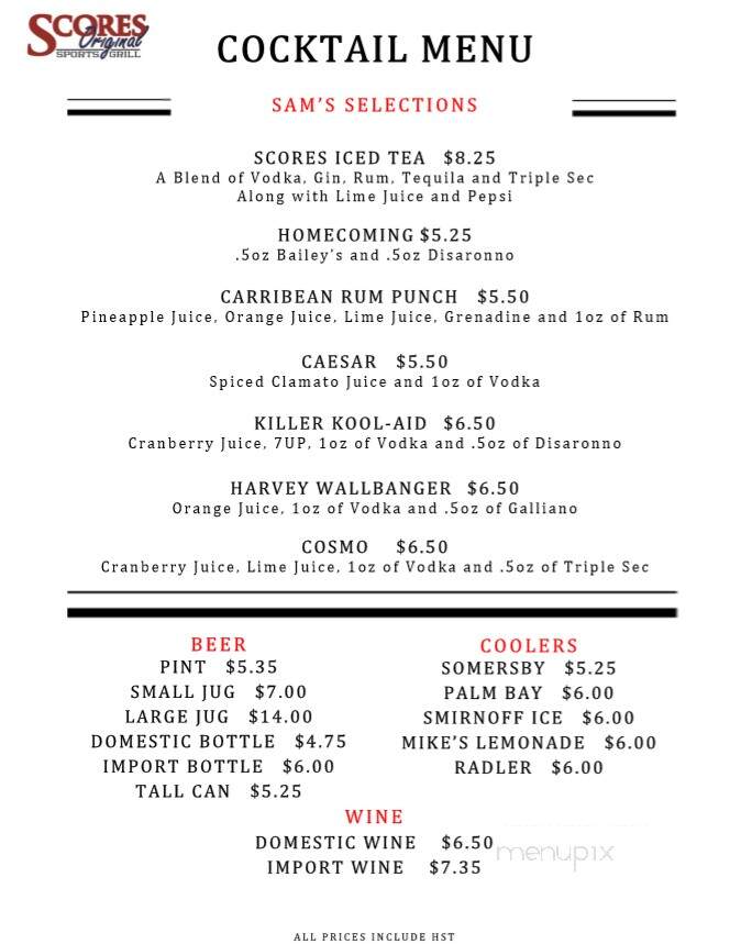 The Score Bar Grill - London, ON menu_pic