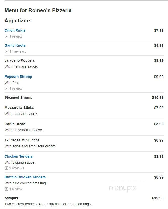 Romeo's Pizzeria - Myrtle Beach, SC menu_pic