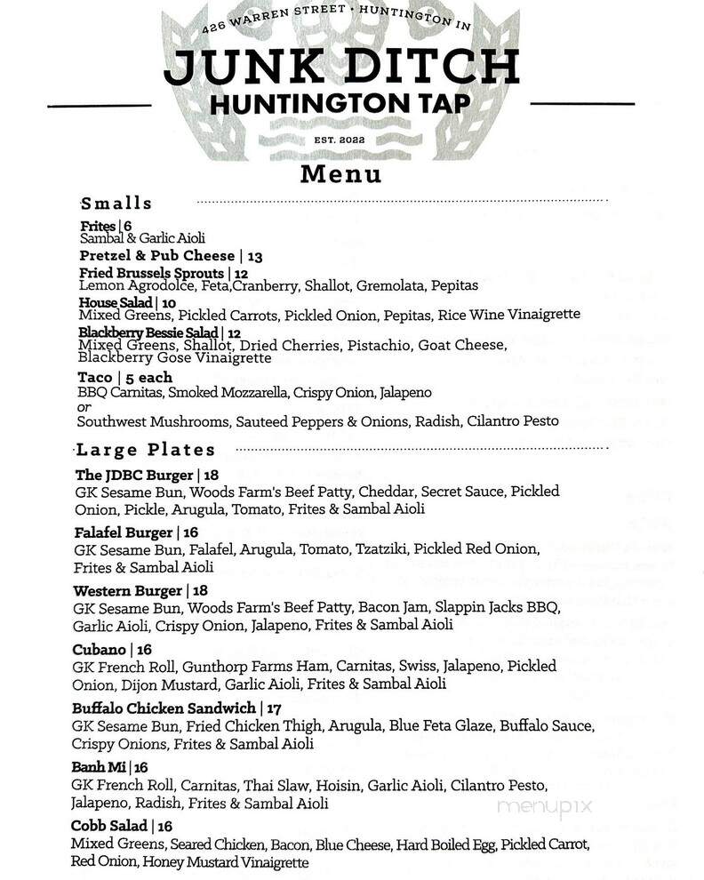 Junk Ditch Huntington Tap - Huntington, IN menu_pic