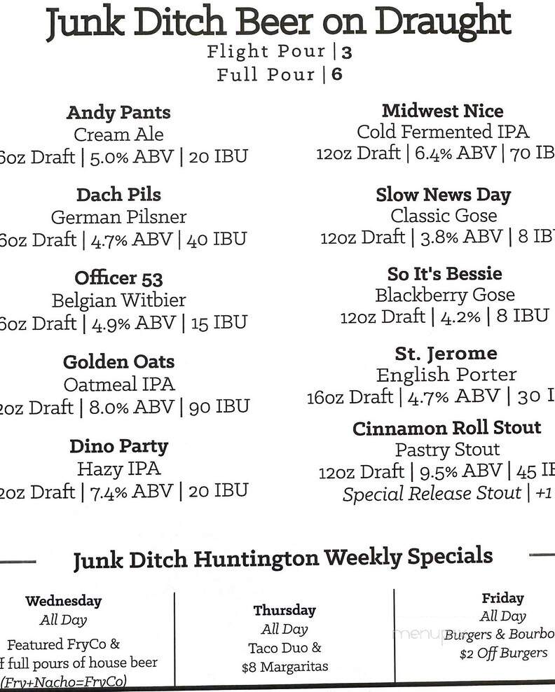 Junk Ditch Huntington Tap - Huntington, IN menu_pic