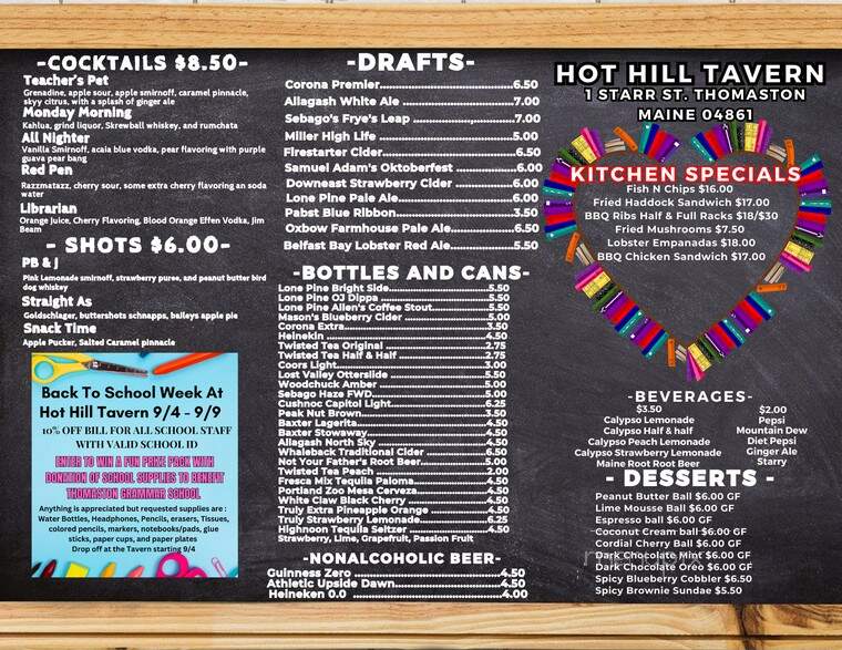 Hot Hill Tavern - Thomaston, ME menu_pic