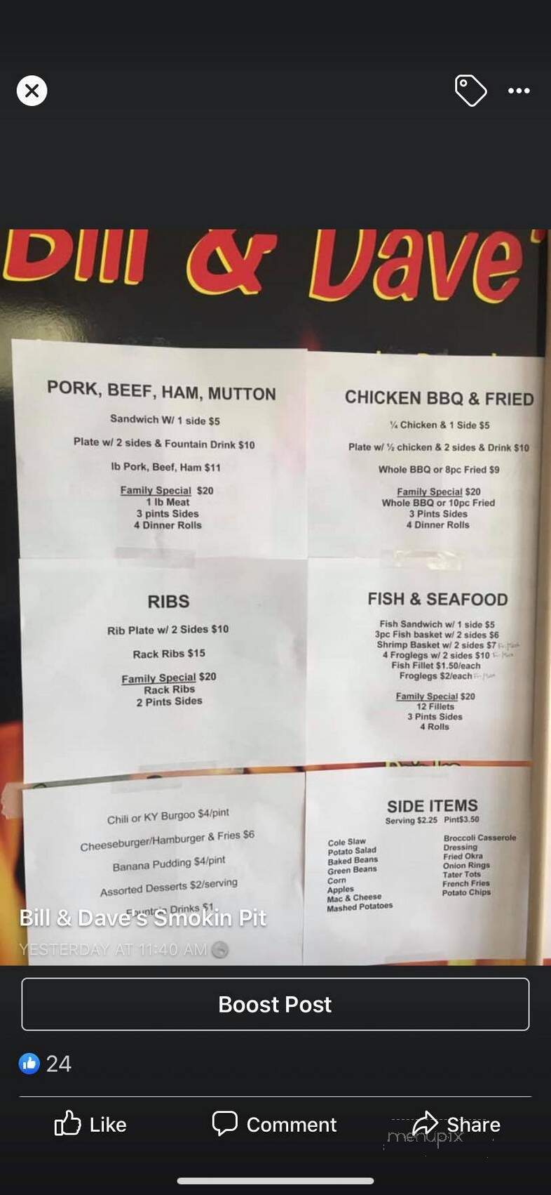 Bill & Daves Smoking Pit - Tell City, IN menu_pic