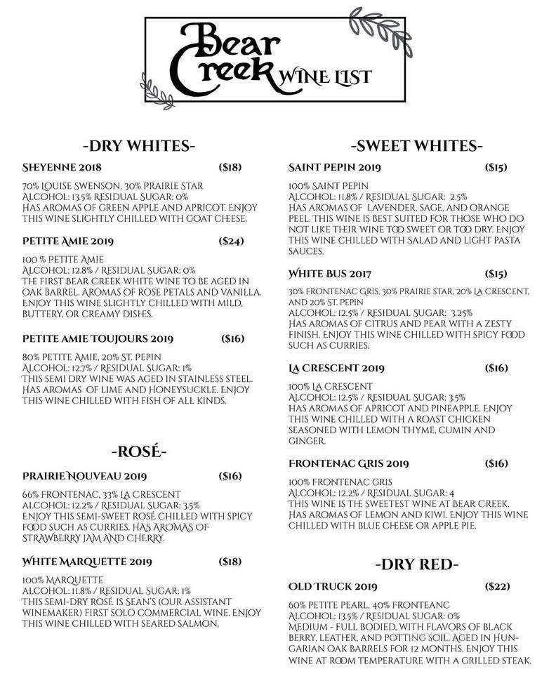 Bear Creek Winery - Fargo, ND menu_pic