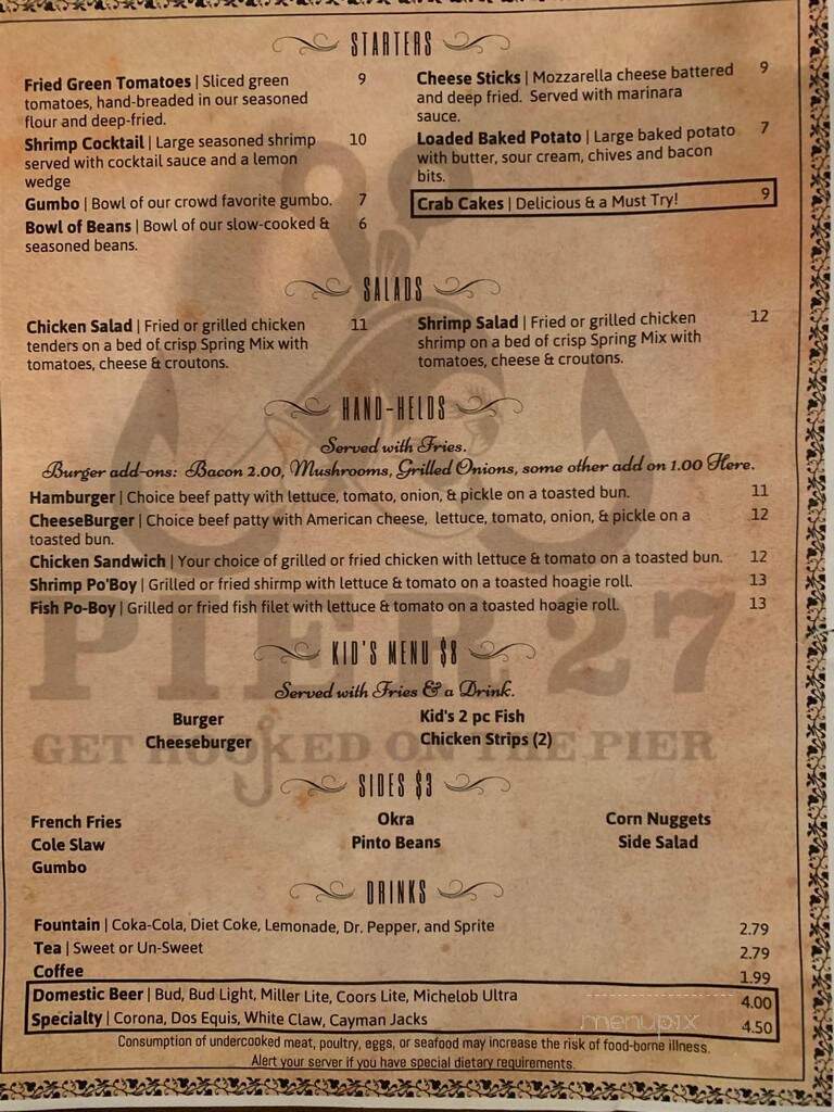 Pier 27 - Doddridge, AR menu_pic