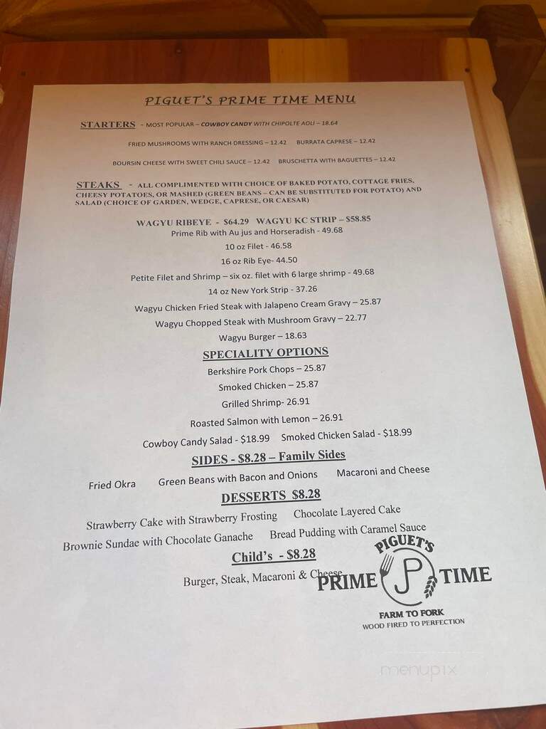Piguet's Prime Time - Vinita, OK menu_pic