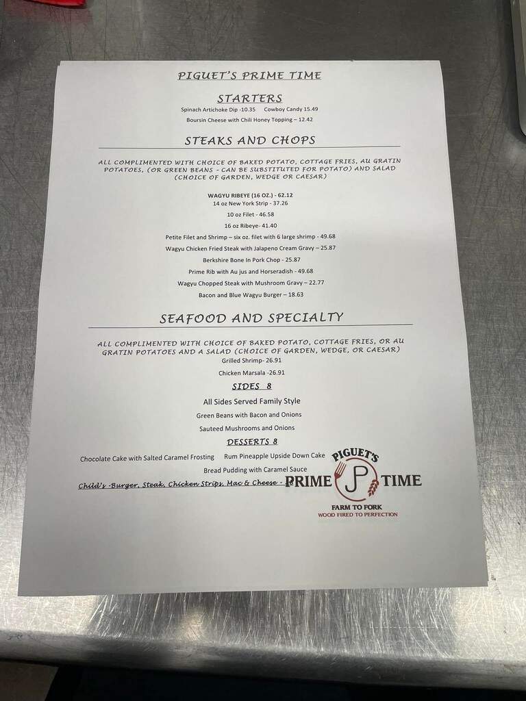 Piguet's Prime Time - Vinita, OK menu_pic