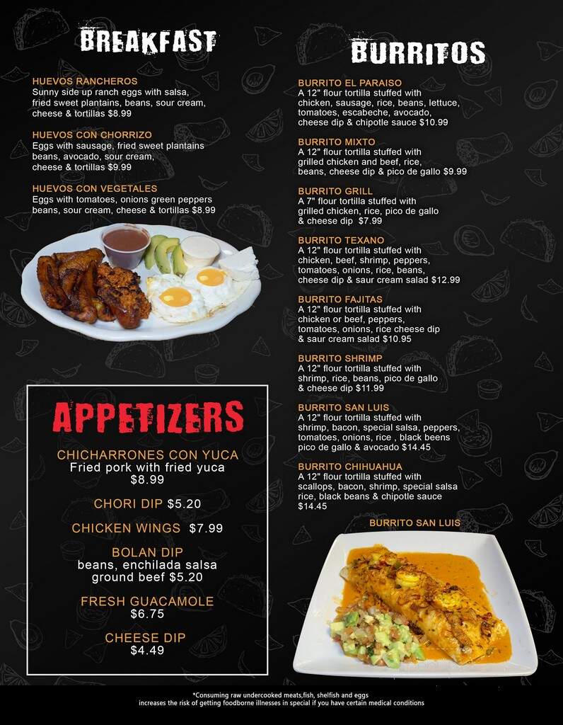 El Paraiso Restaurant - Richmond, VA menu_pic