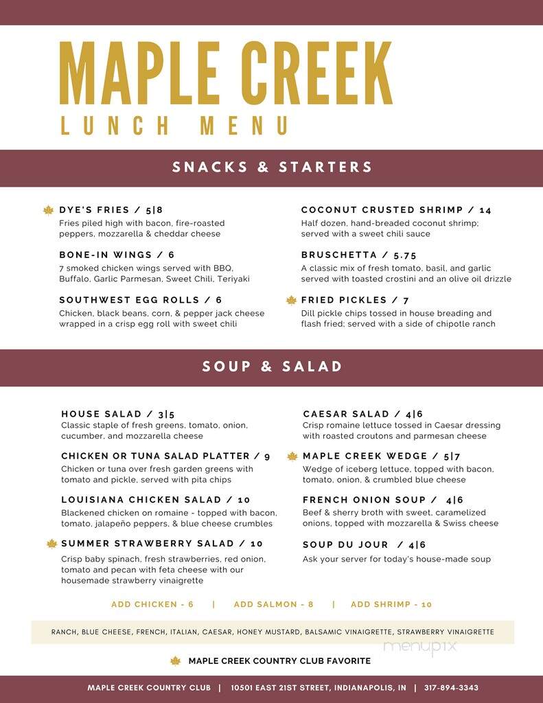 Maple Creek Golf & Country Club - Indianapolis, IN menu_pic