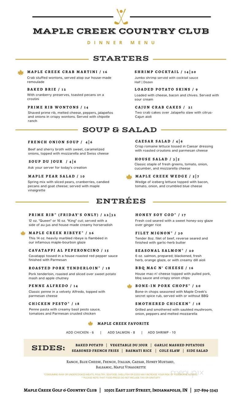 Maple Creek Golf & Country Club - Indianapolis, IN menu_pic
