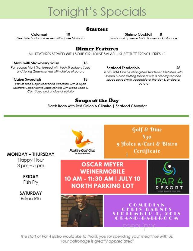 Foxfire Golf Club - Waupaca, WI menu_pic