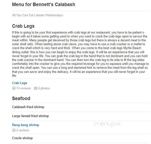 Bennett's Calabash Seafood - Myrtle Beach, SC menu_pic
