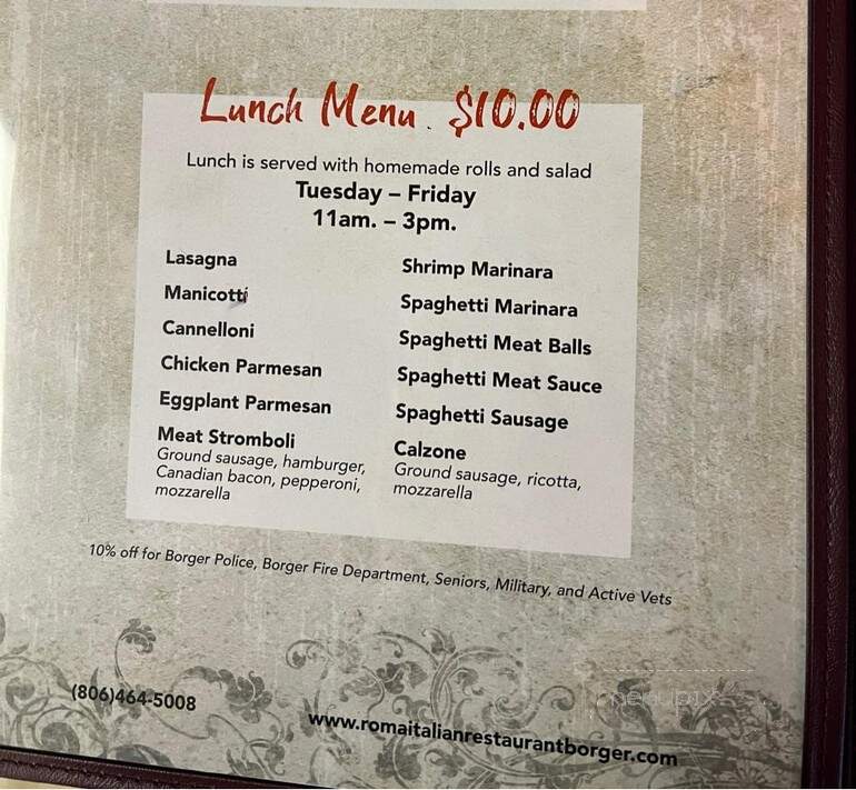 Roma Italian Restaurant - Borger, TX menu_pic