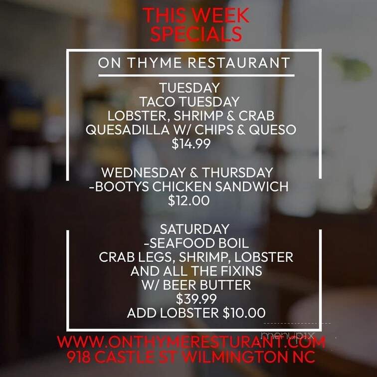 On Thyme Restaurant - Wilmington, NC menu_pic