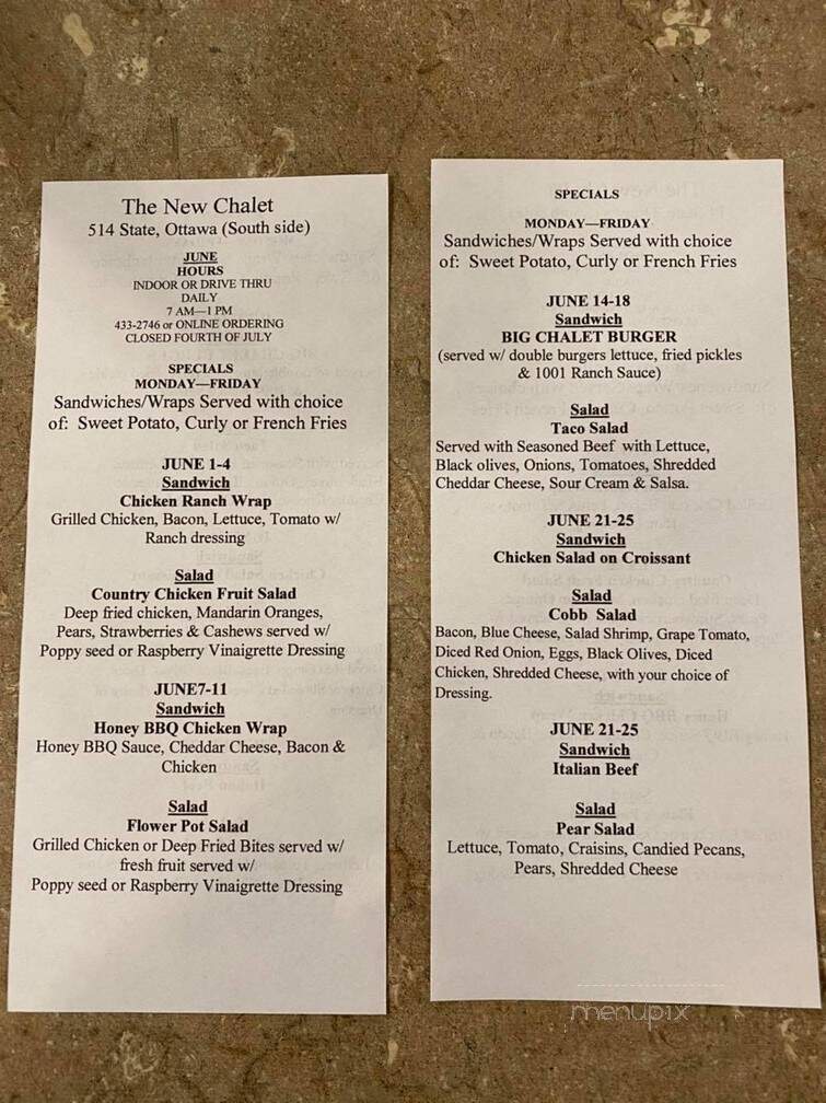 New Chalet Restaurant - Ottawa, IL menu_pic