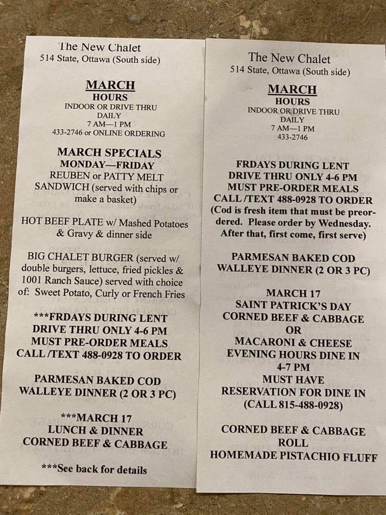 New Chalet Restaurant - Ottawa, IL menu_pic
