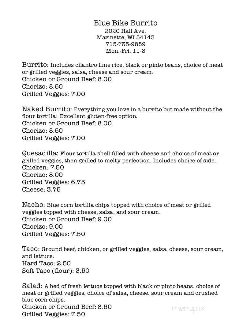 Blue Bike Burrito - Marinette, WI menu_pic