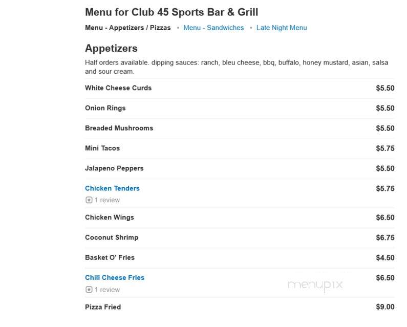 Club 45 Sports Bar & Grill - Conover, WI menu_pic