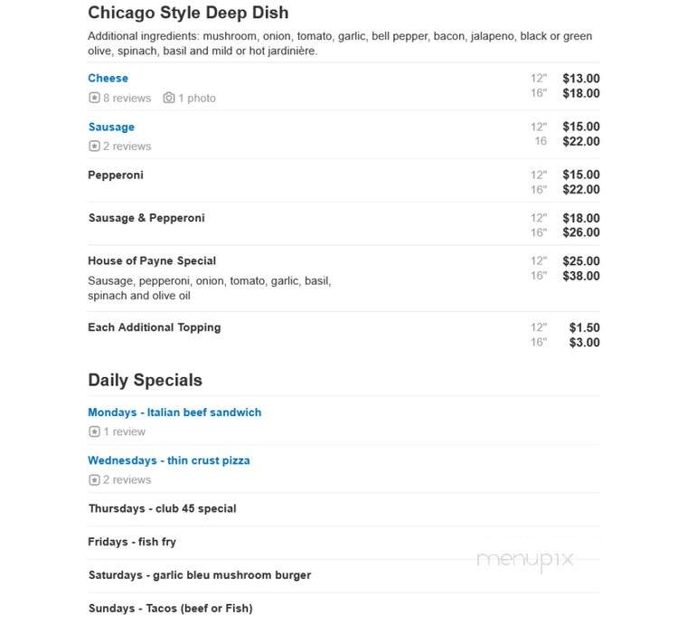 Club 45 Sports Bar & Grill - Conover, WI menu_pic