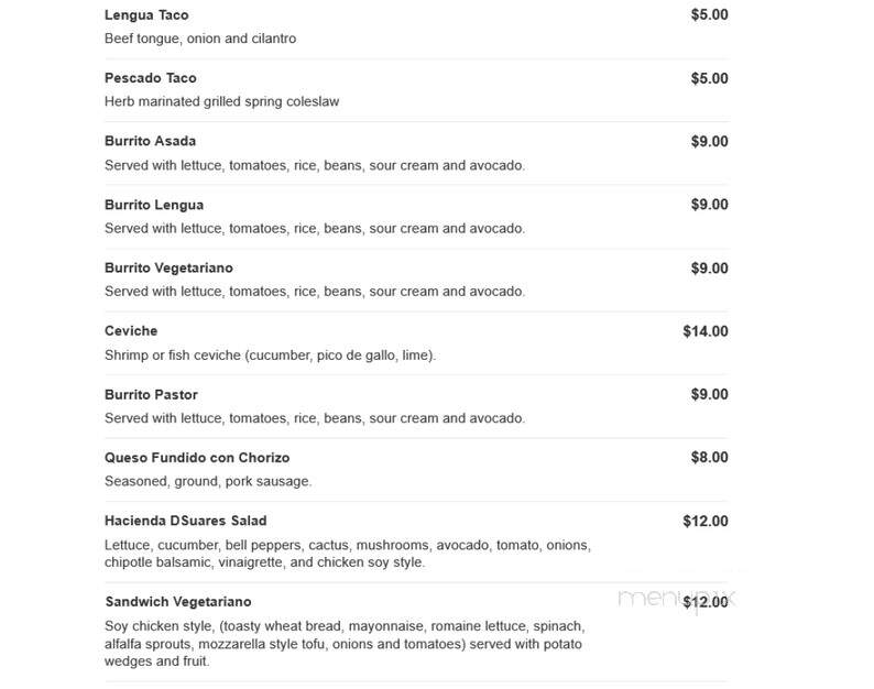 Hacienda D' Suarez - Chicago, IL menu_pic