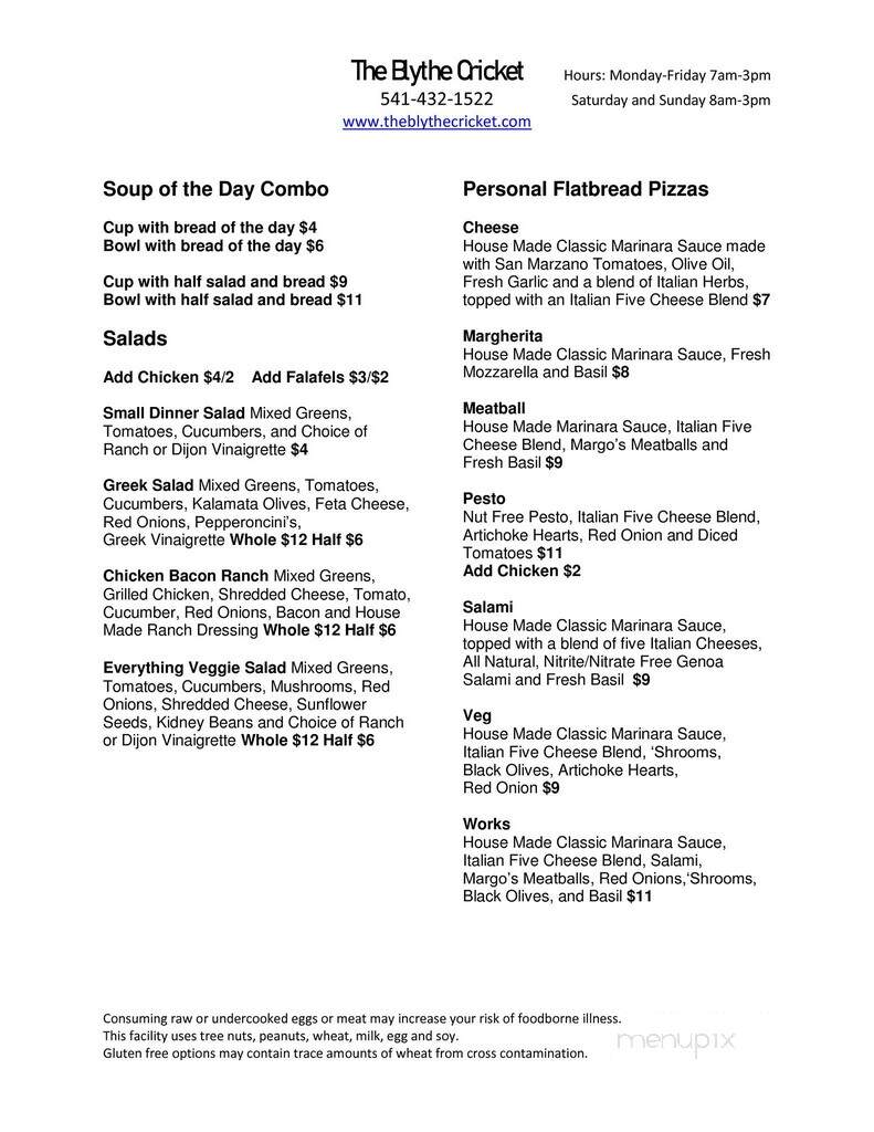 The Blythe Cricket - Joseph, OR menu_pic