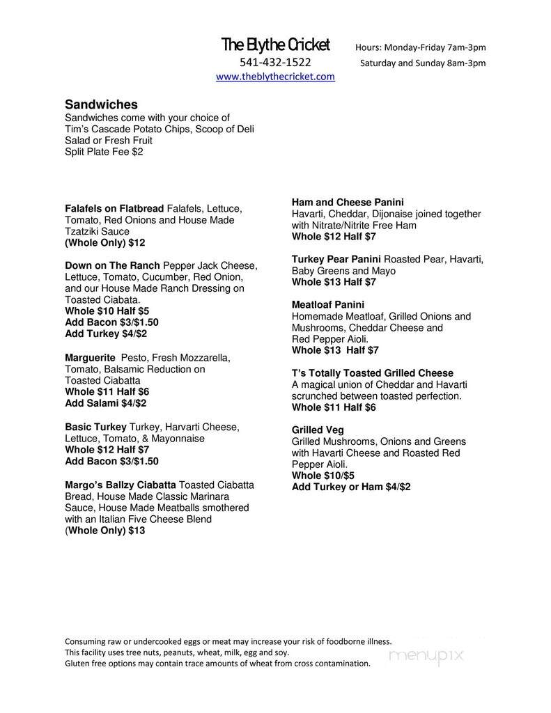 The Blythe Cricket - Joseph, OR menu_pic
