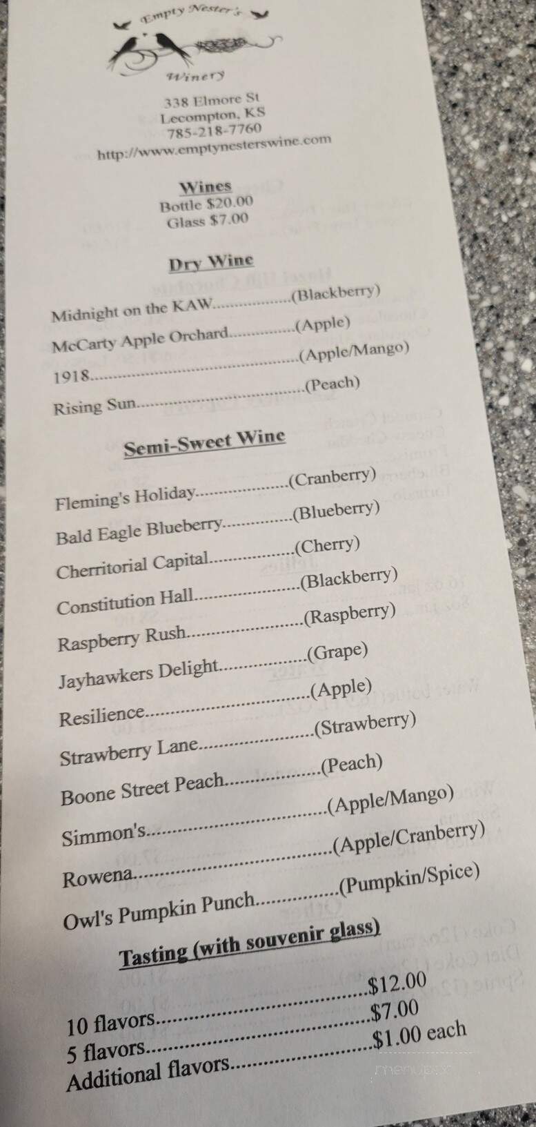 Empty Nester's Winery - Lecompton, KS menu_pic