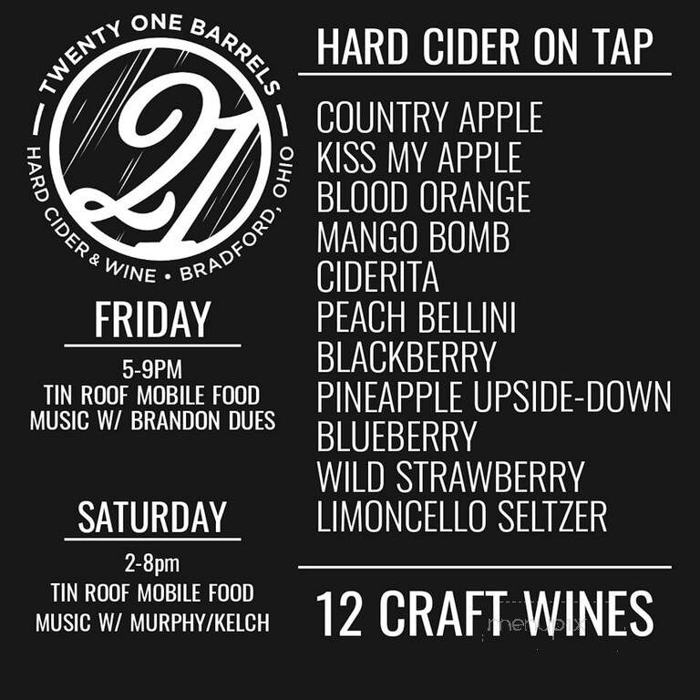 Twenty One Barrels Cidery & Winery - Bradford, OH menu_pic