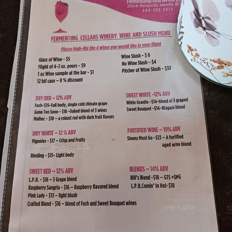 Fermenting Cellars Winery - Janesville, WI menu_pic
