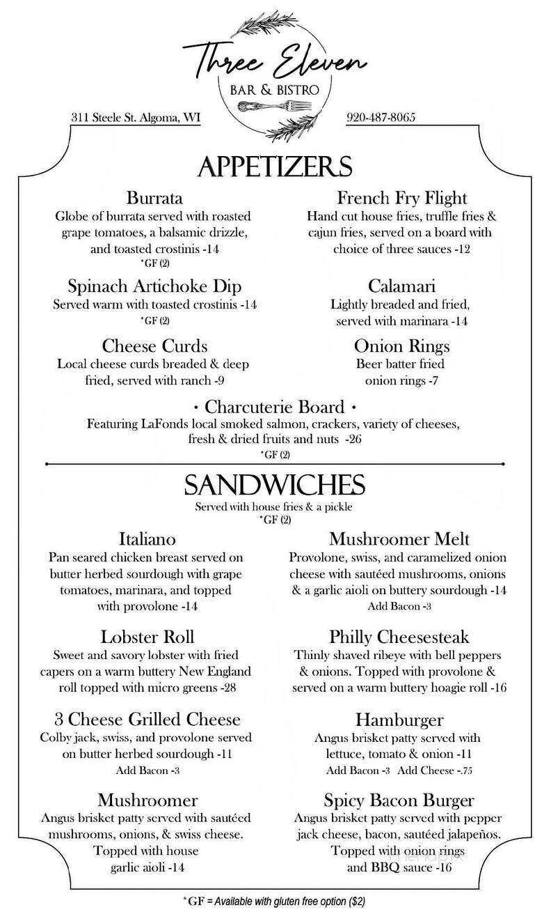 Three Eleven Bar & Bistro - Algoma, WI menu_pic