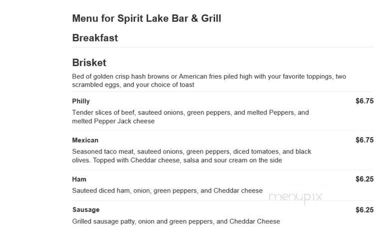 Spirit Lake Bar & Grill - Rib Lake, WI menu_pic