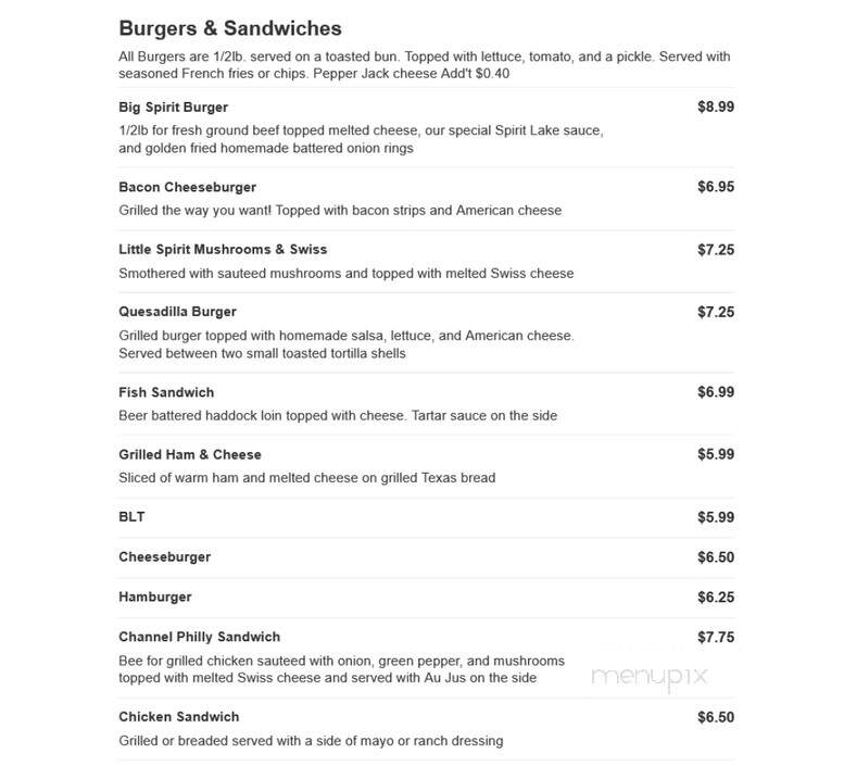 Spirit Lake Bar & Grill - Rib Lake, WI menu_pic