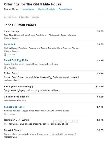 The Old 5 Mile House Restaurant & Bar - Nevada City, CA menu_pic