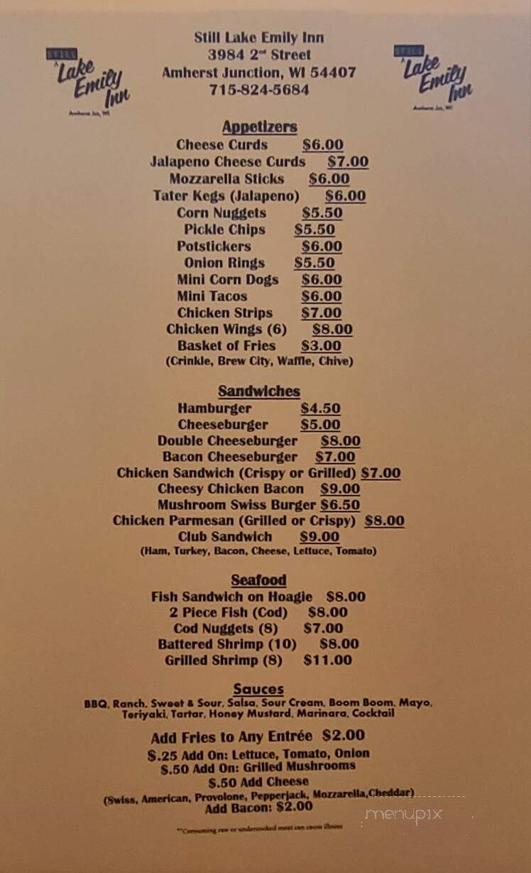 Lake Emily Inn - Amherst Junction, WI menu_pic