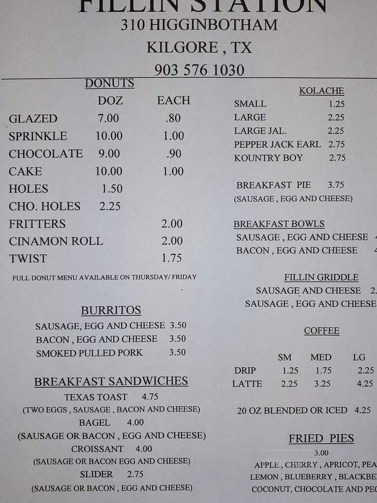 Fillin Station Donut and Deli Cafe - Kilgore, TX menu_pic