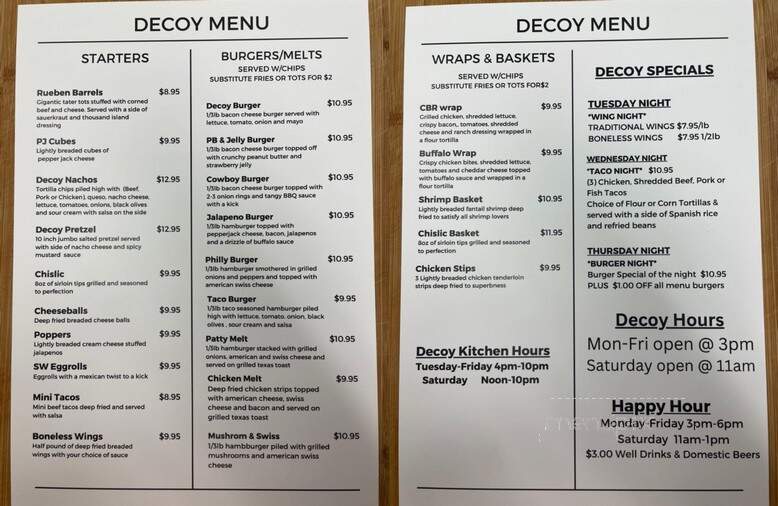 Decoy Bar - Webster, SD menu_pic