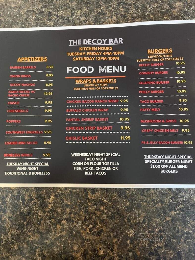 Decoy Bar - Webster, SD menu_pic