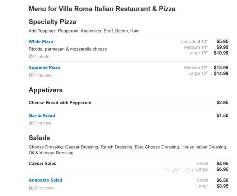 Villa Roma Italian Restaurant - Holiday, FL menu_pic