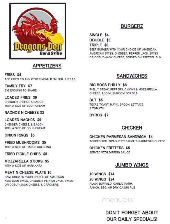 Dragon's Den Bar & Grille - Niles, OH menu_pic