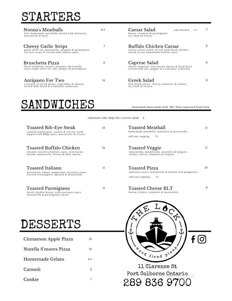 The Lock Wood Fired Pizza - Port Colborne, ON menu_pic
