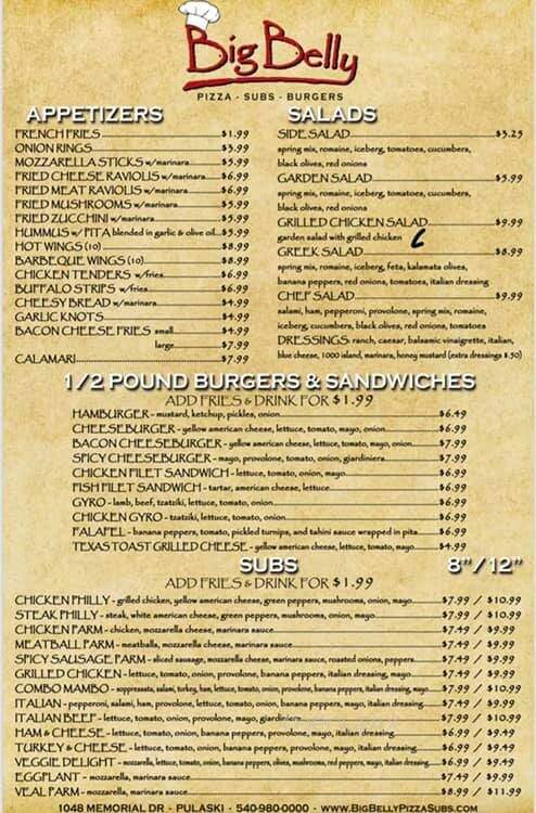 Big Belly Pizza Subs - Pulaski, VA menu_pic