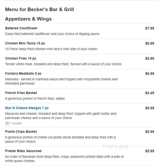 Becker's Bar & Grill - New Hudson, MI menu_pic