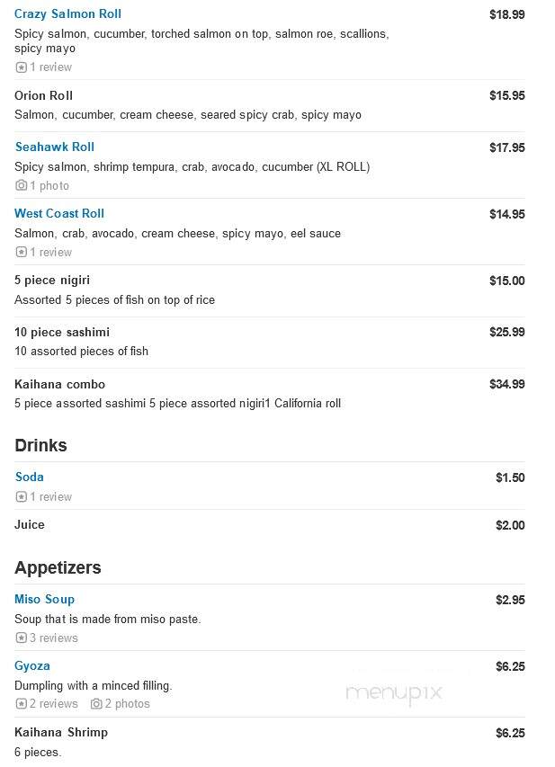 Kaihana SushiSaki - Des Moines, WA menu_pic
