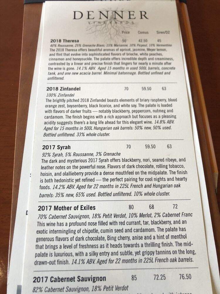 Denner Vineyards - Paso Robles, CA menu_pic