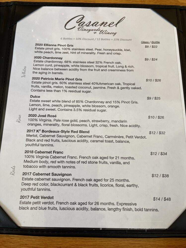 Casanel Vineyards - Leesburg, VA menu_pic