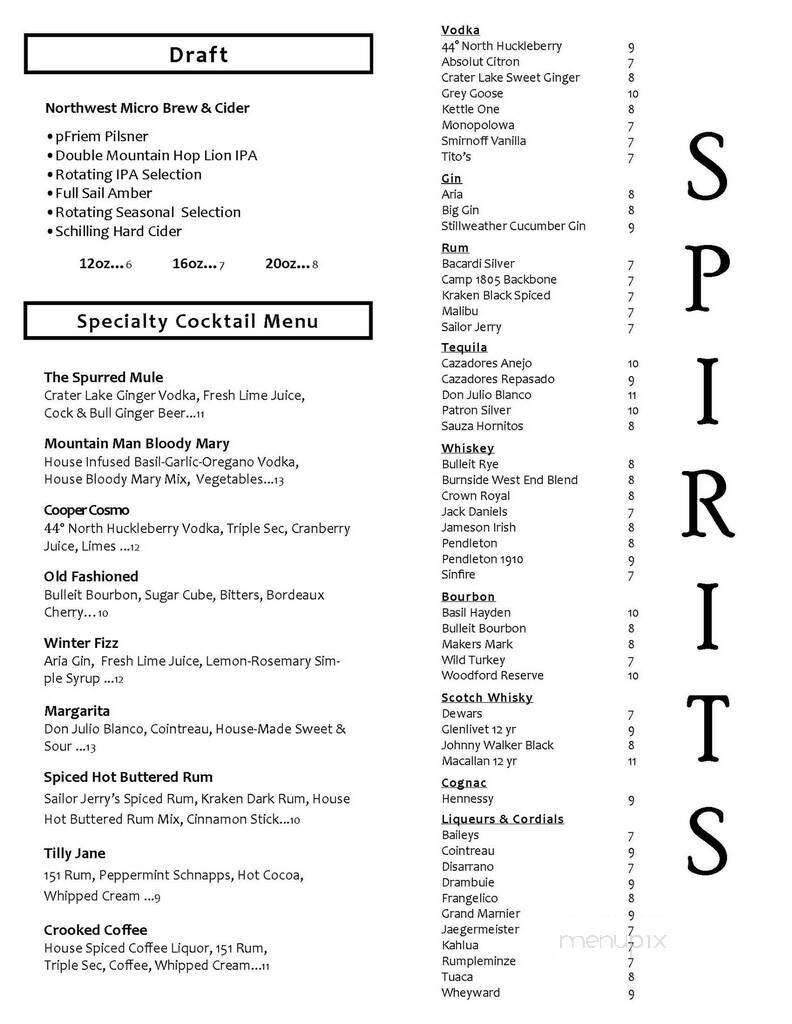 Cooper Spur Mountain Resort - Mount Hood-Parkdale, OR menu_pic