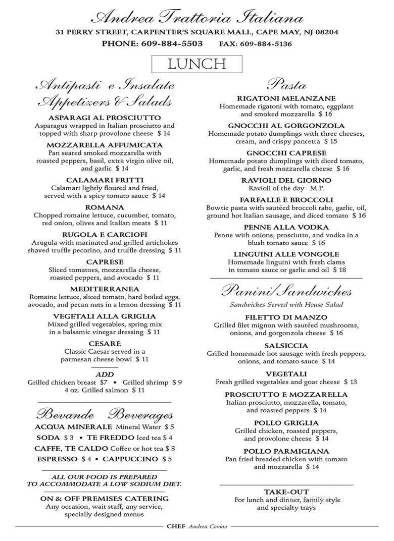 Andrea's Trattoria - Millville, NJ menu_pic