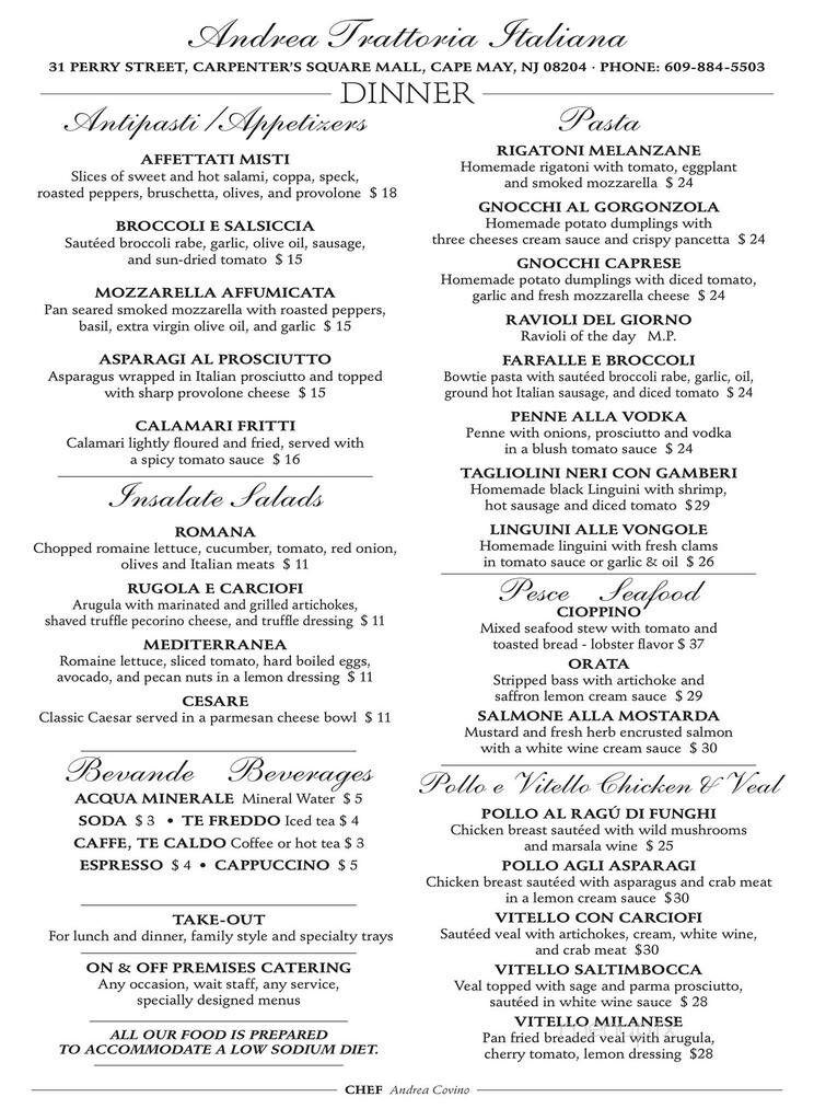 Andrea's Trattoria - Millville, NJ menu_pic