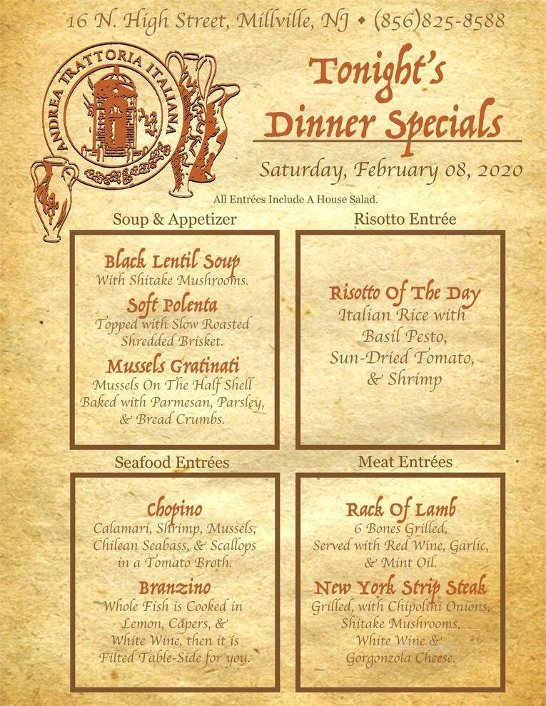 Andrea's Trattoria - Millville, NJ menu_pic