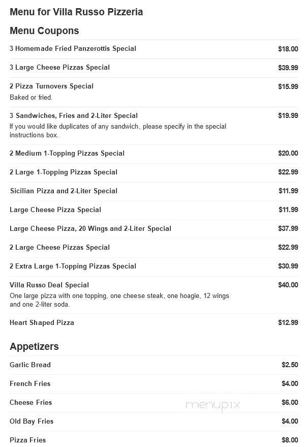 Villa Russo Pizzeria - Clementon, NJ menu_pic